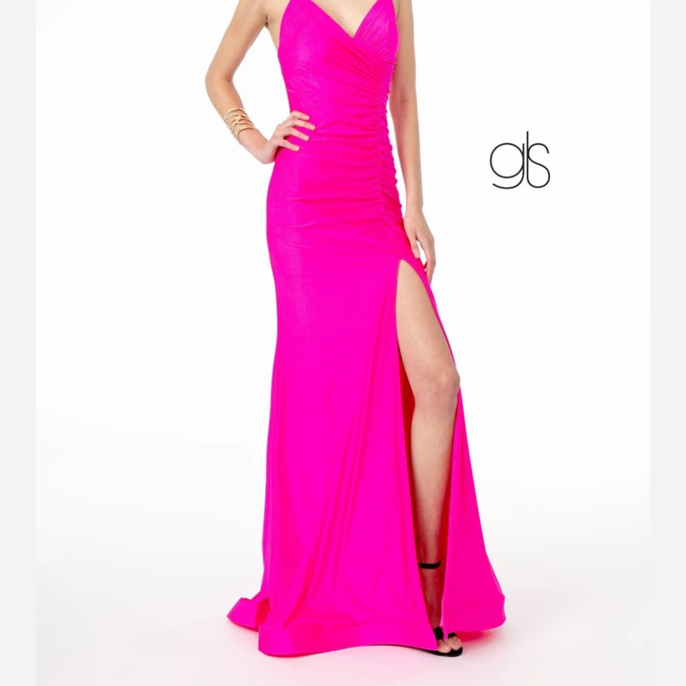 Elizabeth K Ruched V-Neck Dress Corset Back Fuschia size XS GL1816 PROM